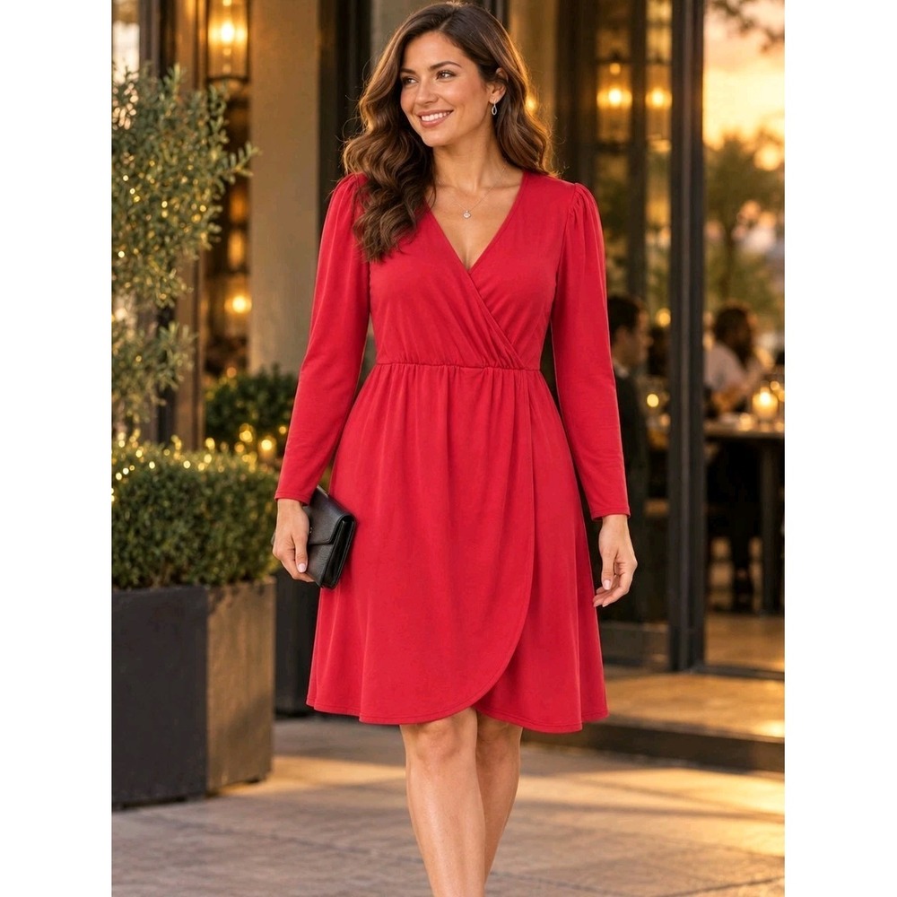 Nine West  Cherry Red Faux Wrap Tulip Hem Dress Large Stretch Career Cocktail
